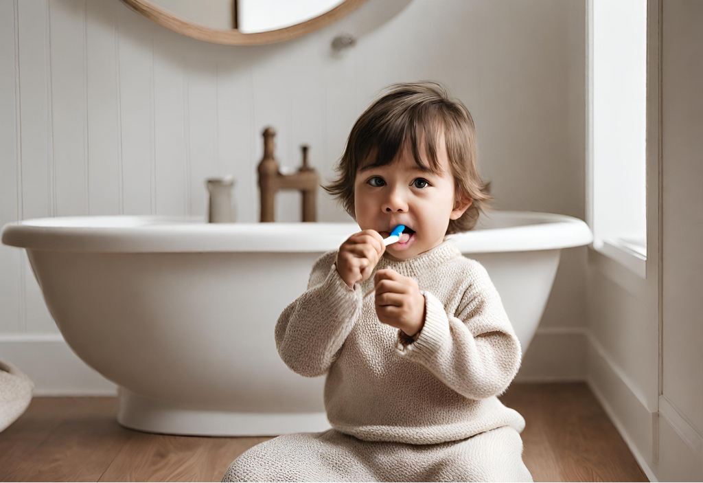 a toddler dressed in neutral knit clothing brushing their teeth with a toothbrush, in a minimalist southern california interior designed home